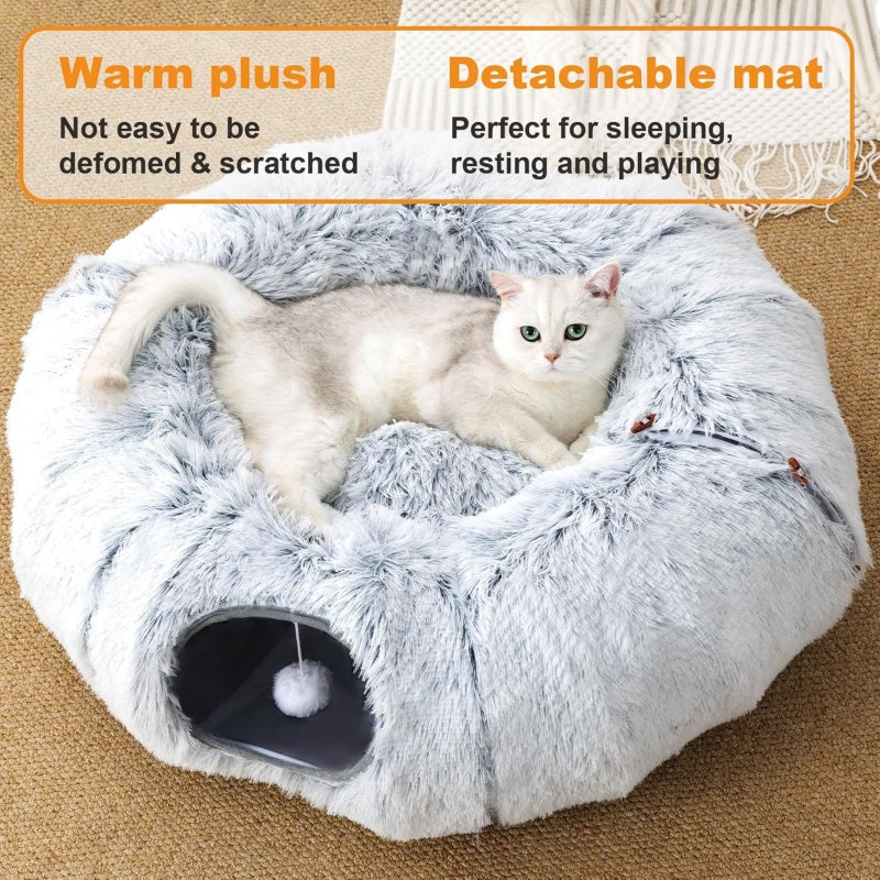 Plush cat tunnel bed and nest, additional product photo, Kept in Print