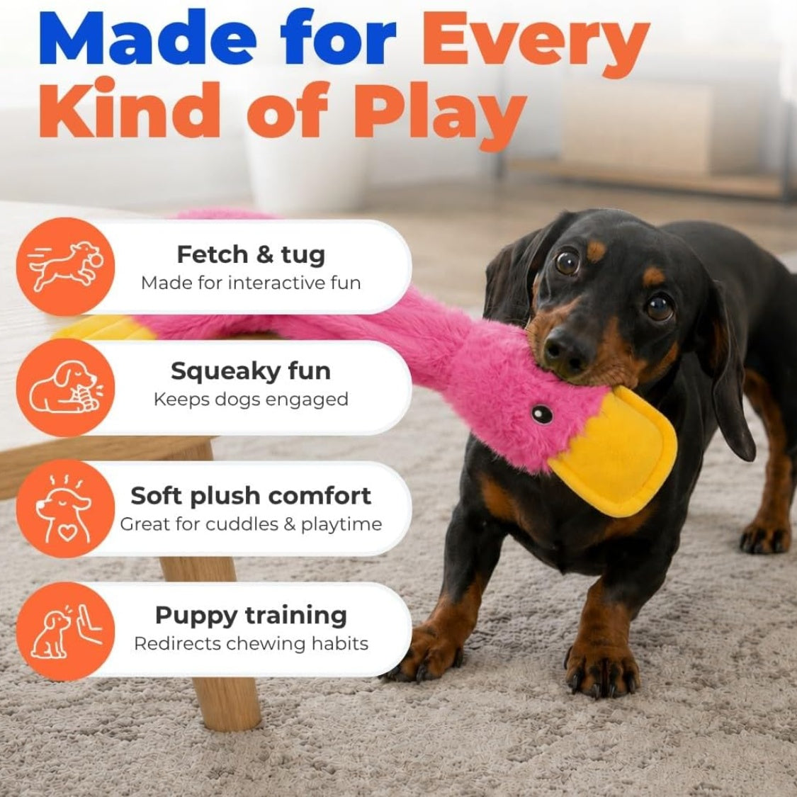 Interactive plush duck squeaky dog toy, additional product photo, Kept in Print