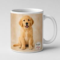Custom pet portrait mug with a dog photo printed on it, Kept in Print